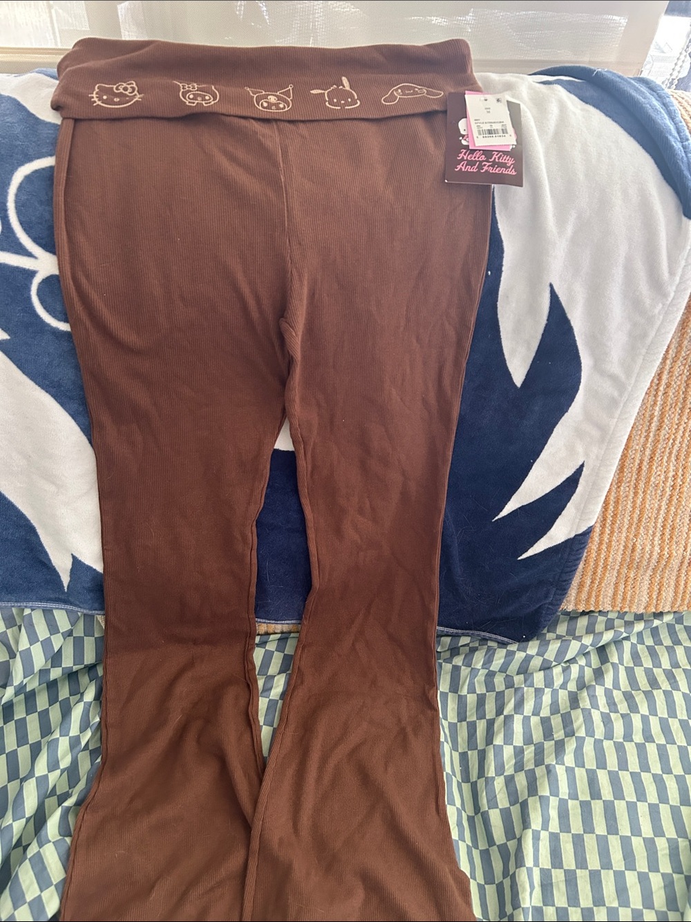 Sanrio Brown womens Fold-Over Waistband Leggings with Character Trim